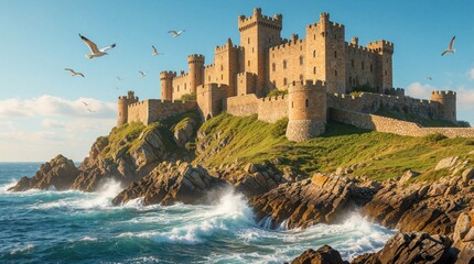 Fototapeta premium Large stone castle sits on rocky cliff by ocean. Medieval fortress with high towers overlooking sea waves. Seagulls fly in blue sky above coastal landscape. Epic architecture stands on green hill