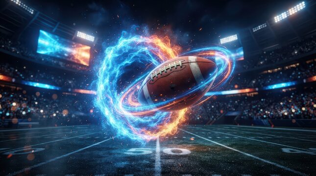 American football surrounded by a fiery blue and orange energy portal in a stadium sport game