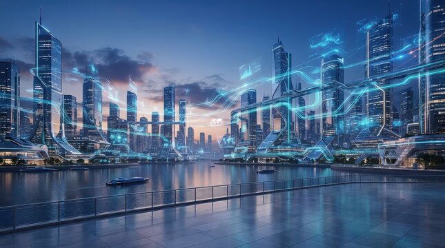 Futuristic city with digital network overlays and water reflection photo stock