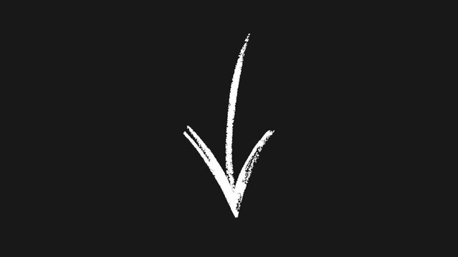 White chalk hand drawn arrow animation pointing down isolated on black background