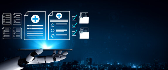 Obraz na płótnie Canvas Futuristic robotic hand holding tablet displaying medical documents and data analytics with glowing elements in a modern healthcare environment. Bitwise.