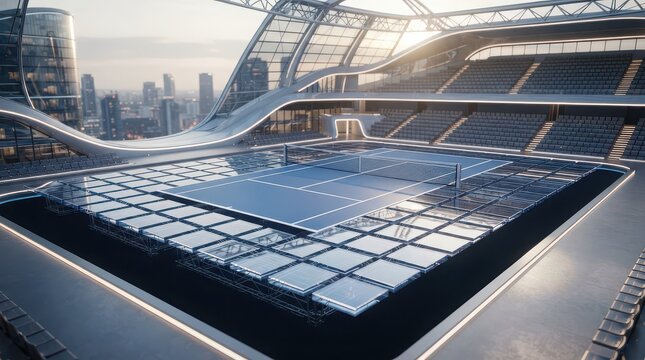 Modern Futuristic Tennis Stadium with City Skyline and Solar Panels sports
