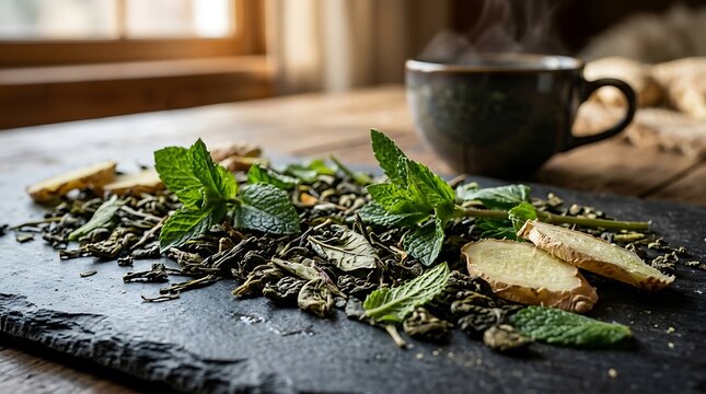 Weight loss tea made with green tea, ginger, and fresh mint on a slate surface