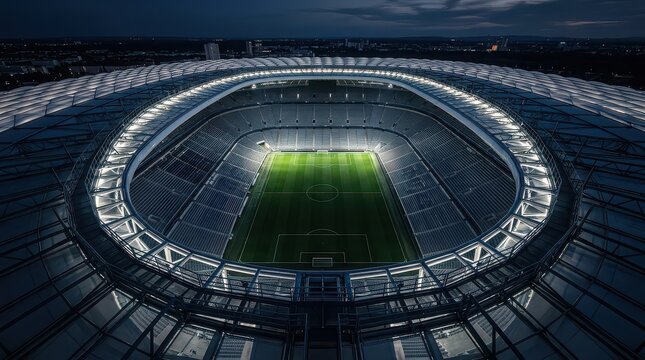 Aerial view of a modern illuminated football stadium at dusk with a green field soccer arena