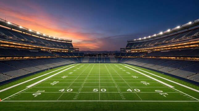 Empty football stadium at dusk with colorful sunset sky image photo