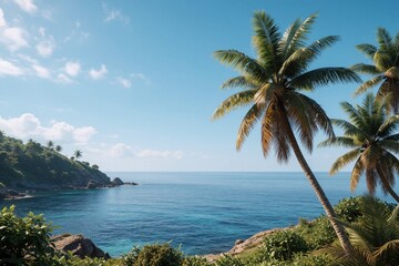 Fototapeta premium Palm trees on green cliff edge overlook clear blue ocean water under bright sunny sky. Tropical landscape offers calm sea and exotic island vibe, perfect for serene nature backgrounds.