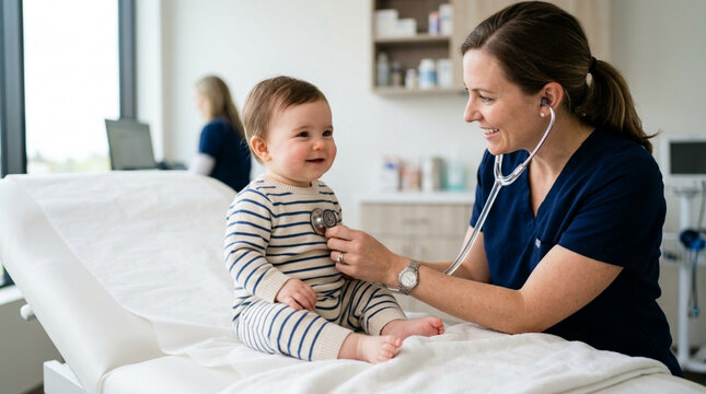 Doctor examining happy baby with stethoscope, pediatric checkup in clinic