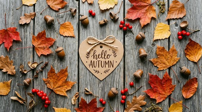 Hello autumn text on a heart shaped tag surrounded by colorful fall leaves and red berries
