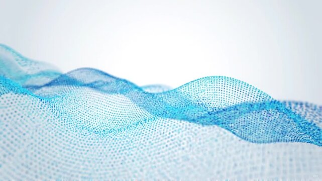 Blue abstract wave of glowing particles moving across a bright background