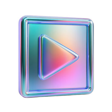 A 3d render of a glossy, holographic play button icon isolated on transparent background