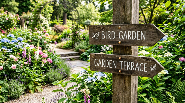 Directional Signs for Bird Garden and Garden Terrace in a Lush Green Landscape