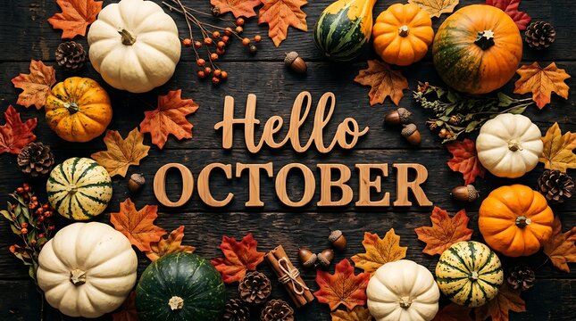 Hello october text surrounded by autumn pumpkins and colorful leaves on wooden background