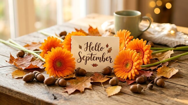 Hello september greeting card surrounded by orange flowers acorns and autumn leaves with september