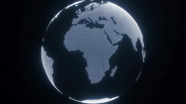 3D digital globe animation with glowing white dot matrix continents rotating on black background 
