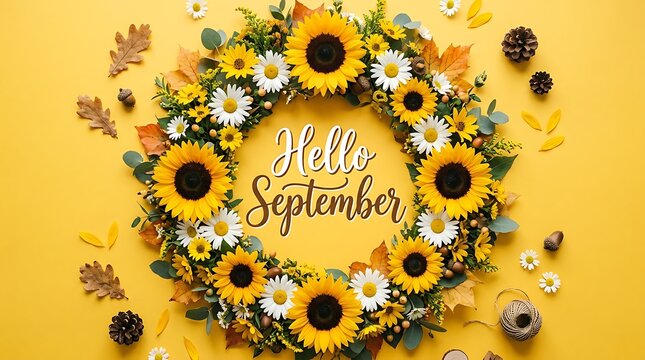 Hello september floral wreath flat lay with sunflowers daisies and autumn leaves on yellow, greeting