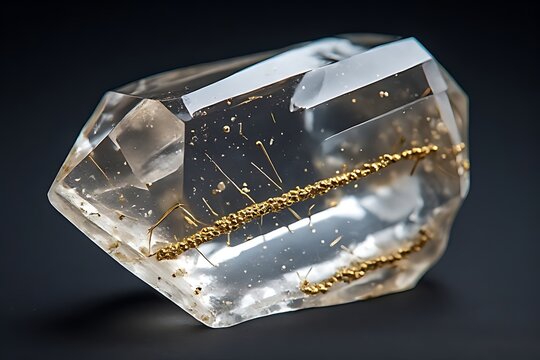  IA generated, transparent quartz crystal with golden rutile needle inclusions isolated on dark background.