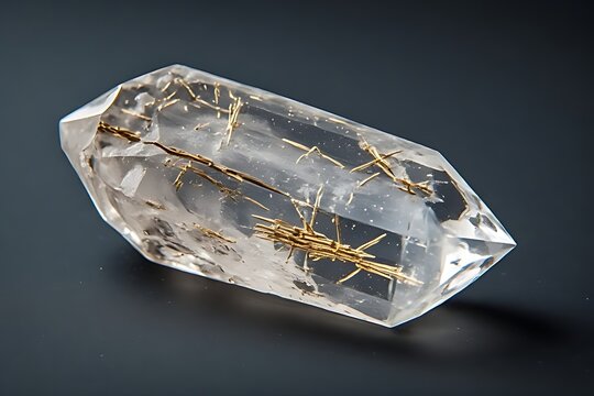  IA generated, transparent quartz crystal with golden rutile needle inclusions isolated on dark background.