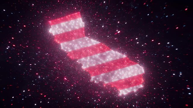 California map animation with glowing red white and blue particles forming state silhouette on black background 