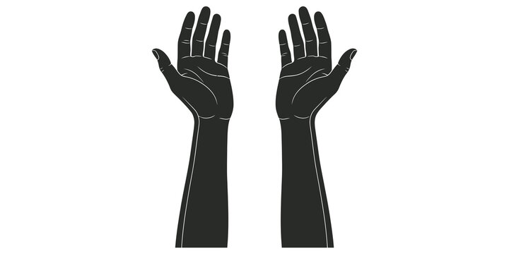 Raised hands prayer gesture icon in black silhouette for spiritual themes.