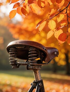 Close-up of vintage bicycle saddle with leather and metal springs. Autumn park background with bright orange leaves and soft sunlight. Nostalgic mood for fall rides.