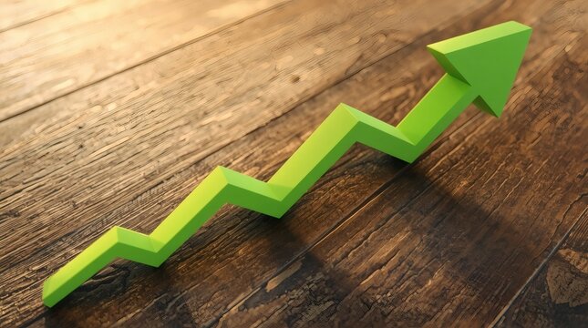 Green upward trending arrow graph on a rustic wooden background symbolizing growth
