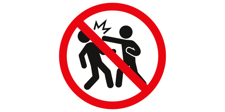 No fighting sign with black stick figures in red circle on grid wall.