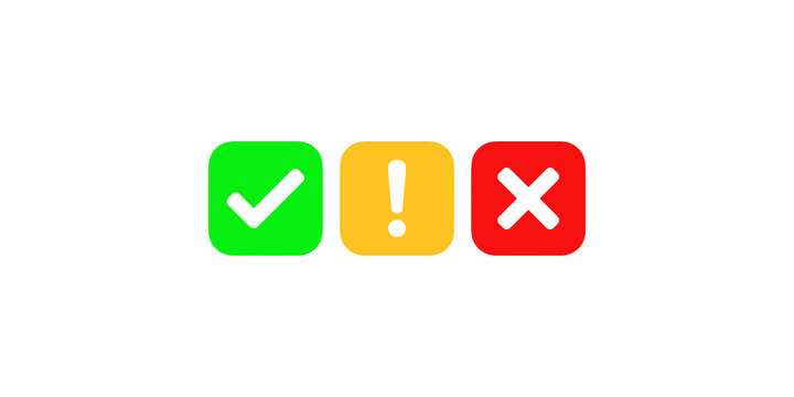Status icons with check mark exclamation point and cross on squares.