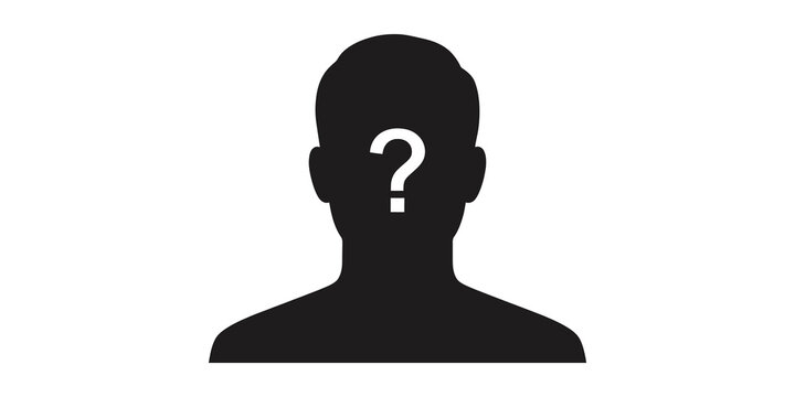 Silhouette man with question mark on head unknown person avatar.
