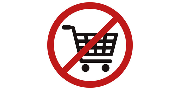 Shopping cart with red prohibition sign no buying or shopping.