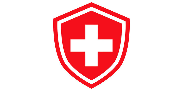 Red shield with cross icon symbol sign for medical or health care.