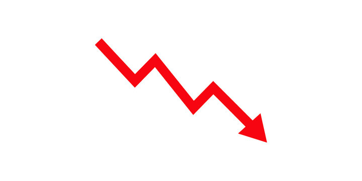 Red arrow pointing down trend chart design on gray checkered background.