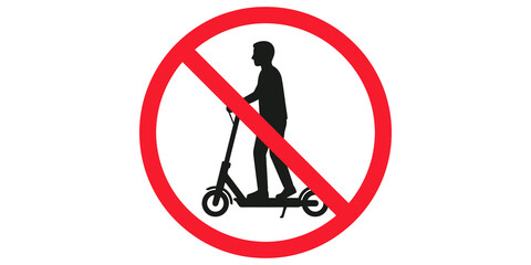 Electric scooter prohibited red circle sign black person vehicle icon road. © 扁平化图标 