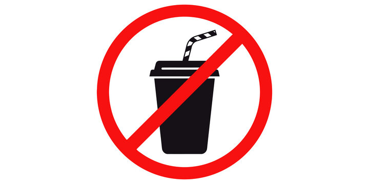 Takeaway drink cup with straw under red stop sign for beverage rules.