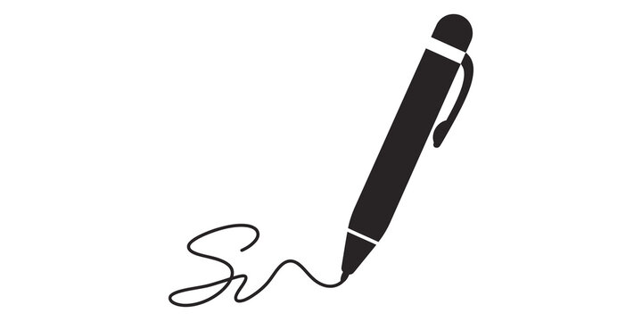 Black pen icon writes signature on transparent background for design.