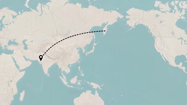 India to United States travel route map animation with location pins and curved flight path trajectory 