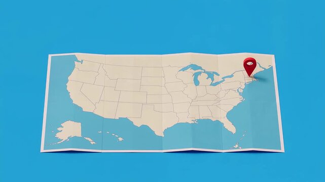 Isometric 3D United States map animation with red location pins and folded paper opening effect 