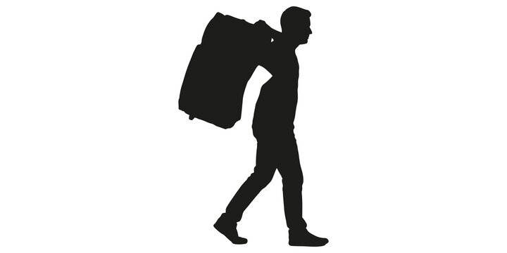 Man carrying a heavy bag on his back on transparent background.
