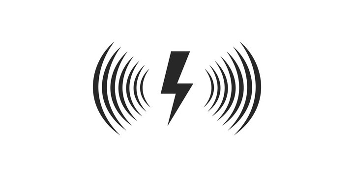 Lightning bolt with radio waves black icon for wireless power tech usage.