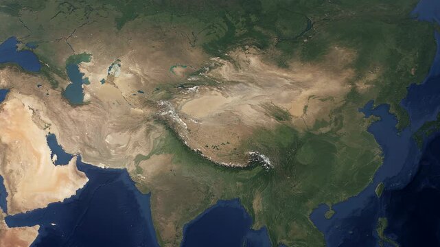 Realistic satellite map animation of Xinjiang China with geographic region highlighted and smooth camera zoom over desert terrain 