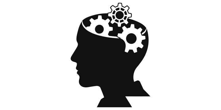 Human head with gears icon black silhouette for logic and innovation.