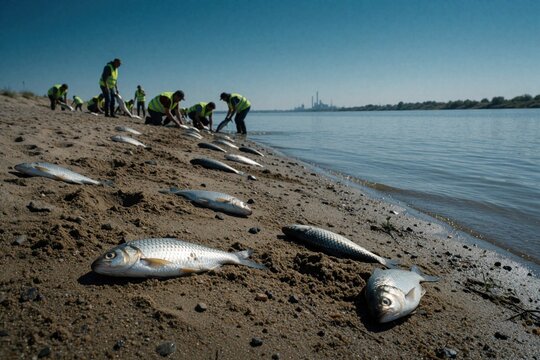 Dead fish rubbish a river bank where volunteers in high-visibility vests clean up the mess. Industrial smokestacks loom in the distance under a clear blue sky, suggesting pollution.