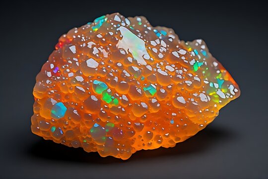 IA generated, raw Mexican Fire Opal specimen with vivid play-of-color isolated on dark grey background. Natural precious gemstone.