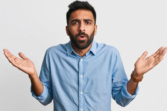 Confused young man with beard makes puzzled face, shrugs with open palms. Bearded guy looks uncertain, clueless about problem question. Male person shows doubt, awkward emotion in studio. Needs