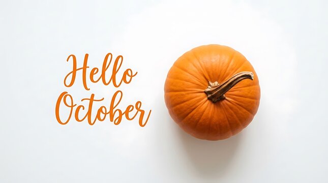 Hello october handwritten text message next to a fresh orange pumpkin on white background