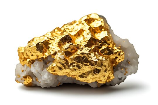  IA generated, raw native gold nugget in white quartz matrix isolated on pure white background. Geological precious metal sample.