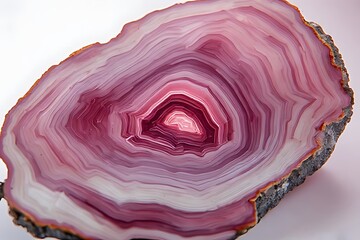 Fototapeta premium IA generated, polished slice of banded rhodochrosite mineral with pink and white patterns isolated on white background.