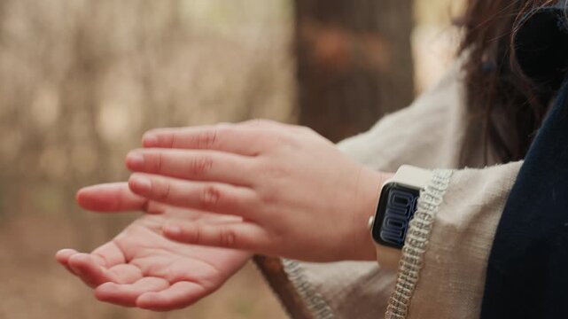 a person is clapping hands in a wooded outdoor area, wearing a beige jacket and standing against a wooden background. the scene has a neutral to positive mood and is captured in a close-up.