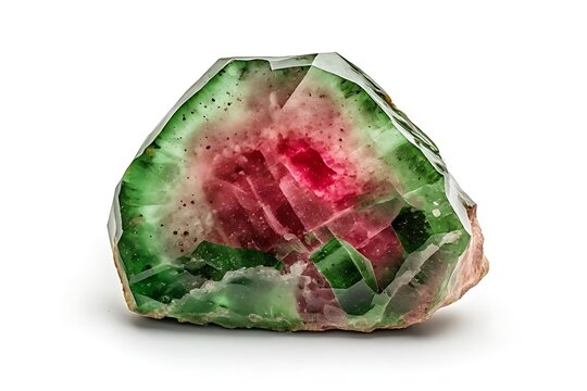  IA generated, polished cross section slice of watermelon tourmaline showing pink core and green rim isolated on white background.