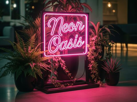 Neon oasis pink sign with floral background
