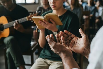 Obraz premium People gathered in a group session with one person praying and another reading from a book